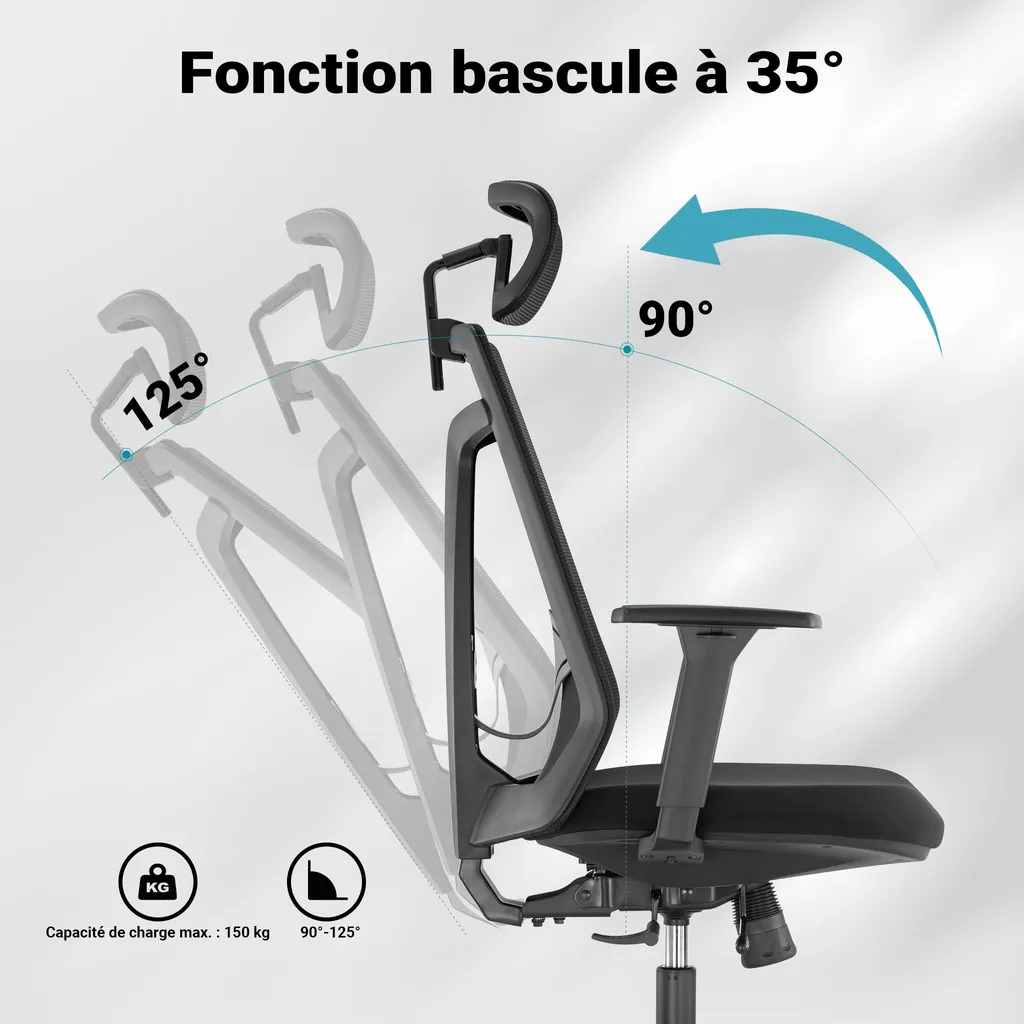 Wiltec Fauteuil de bureau ergonomique 150kg réglable avec appuie-tête - 5