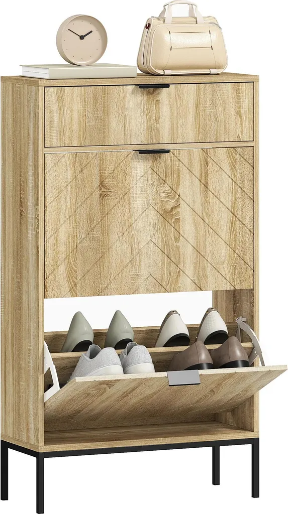 Rangement chaussures en bois 2 abattants - Meuble d'entrée slim bois naturel
