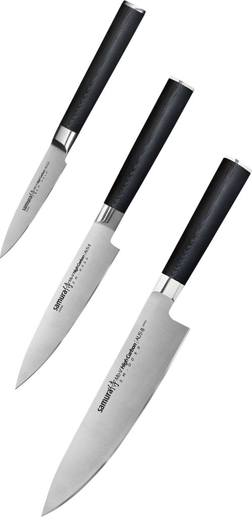 Samura MO-V Messer Geschenk Set in Holz Geschenkbox ultra-scharf, aus japanisch AUS 8 Edelstahl, 18 cm Klinge, mit G10 Handgriff aus Carbon