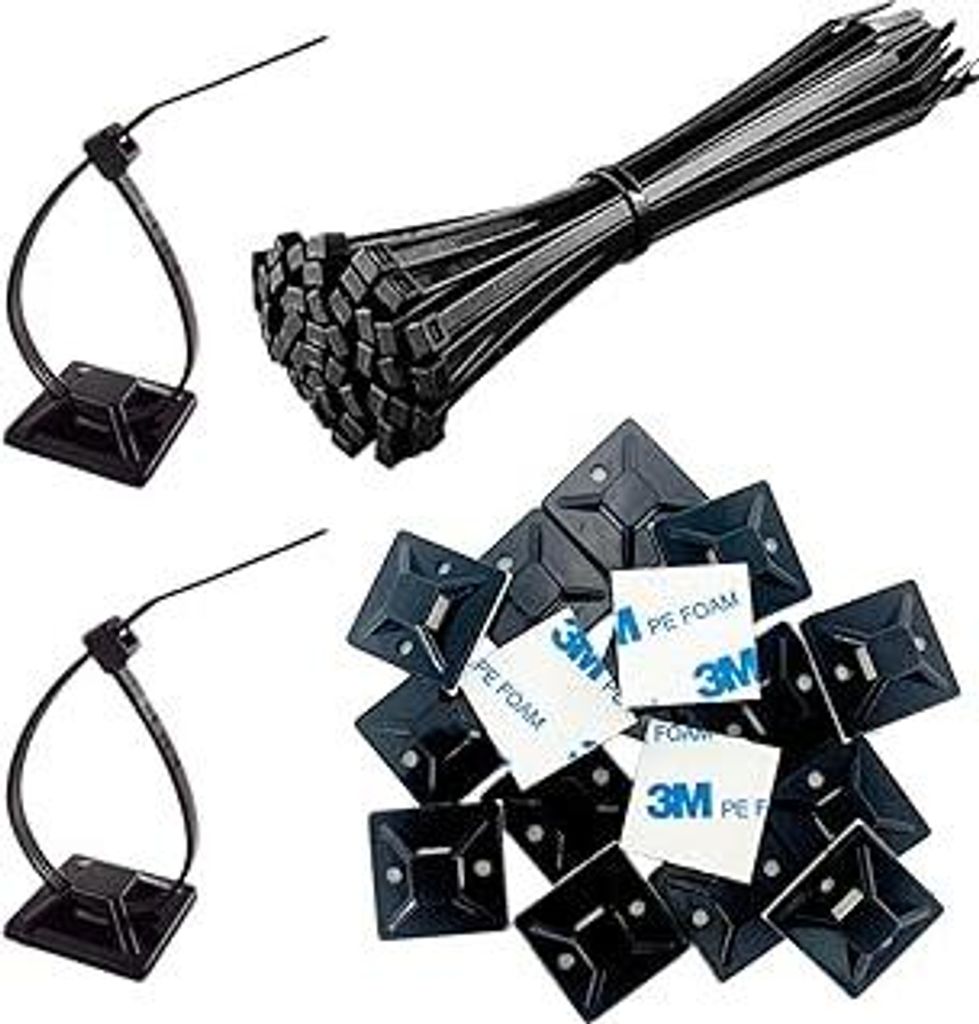 Klein Klebesockel Kabel Halterungen Selbstklebend und Kabelbinder UV Beständig Jede 100 Stück,Kabelclips Halter Montage Befestigungen Basishalter...