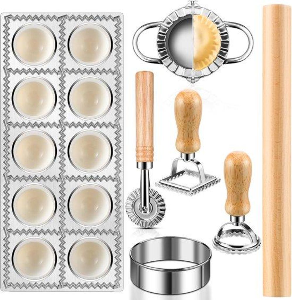 Pasta-Maker-Kit für Haushalt und Restaurant, 7-teiliges Ravioli-Formwerkzeug mit Holz-Handgriff und Rollschneider