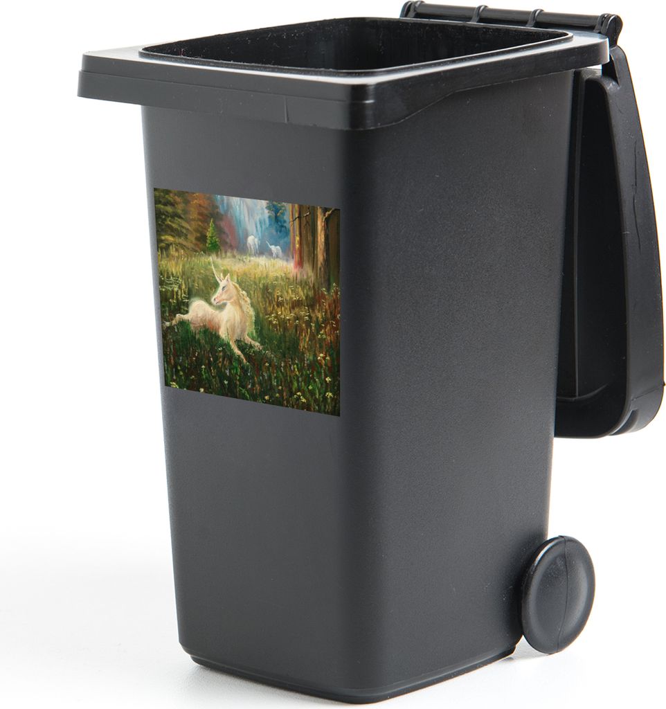 MuchoWow Mülltonnenaufkleber Eine Illustration eines Einhorns in einem Wald - Mädchen - Kinder - Kinder 40x40 cm - Abfall-Aufkleber - Container...