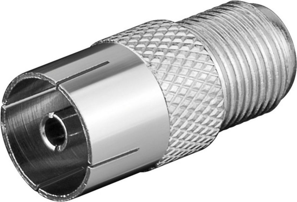 A close-up studio shot of a single coaxial adapter.