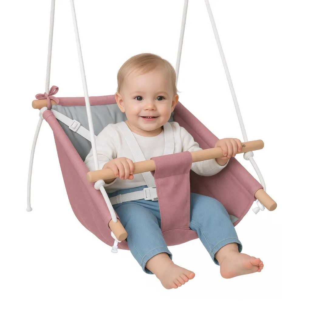 Tulano Hop 40 Altalena Neonato 3in1 in Legno | Fino a 60kg | Rosa-Grigio - 7