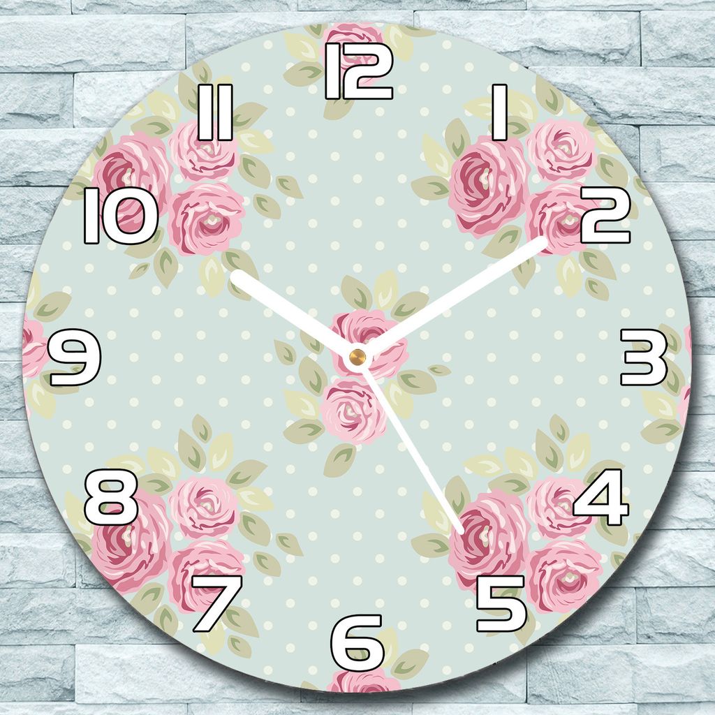 Wanduhr aus Glas Rund fi 30 Rosen und Punkte Quarz Deko Schlafzimmer Büro