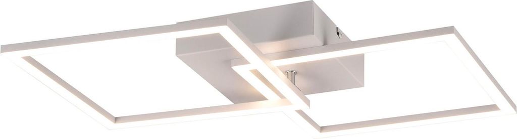 A modern, white ceiling light with intersecting square frames.