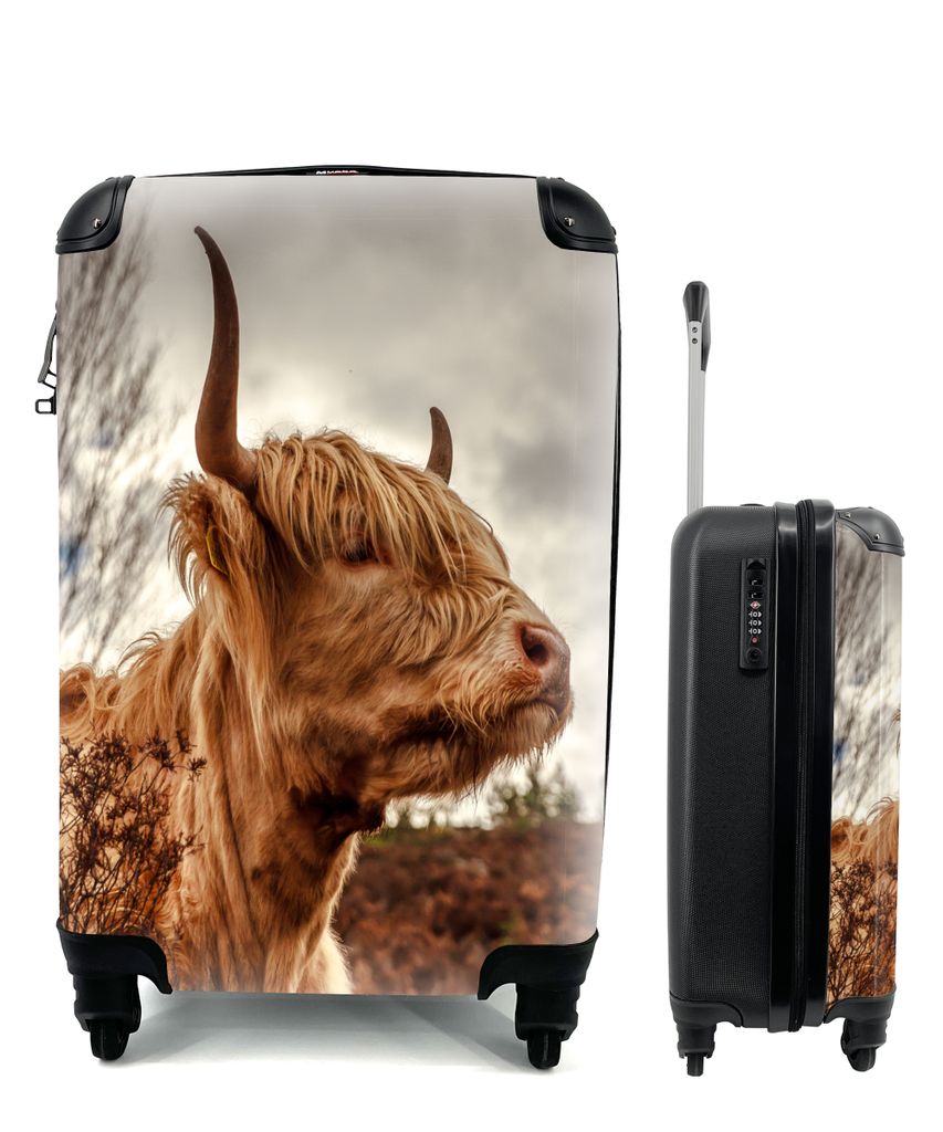 MuchoWow Koffer Handgepäck Trolley Rollkoffer Kleine Reisekoffer mit 4 Rollen - Scottish Highlander - Strauch - Heidekraut - Cabin Size < 55x40x...