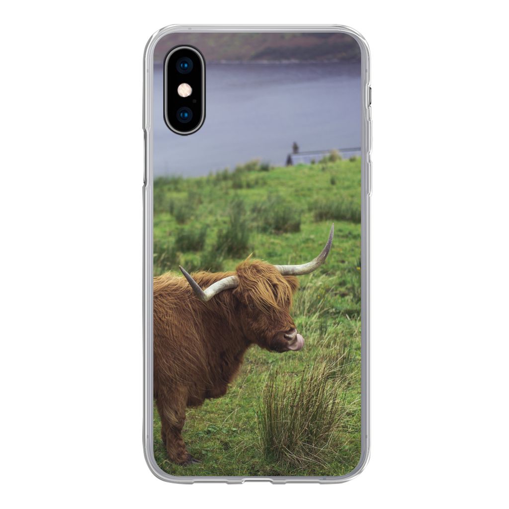 MuchoWow Handyhülle Schutzhülle Hülle für iPhone X Schottische Highlander - Gras - Wasser - Tiere Silikon Softcase Handy Hülle - Handyhülle