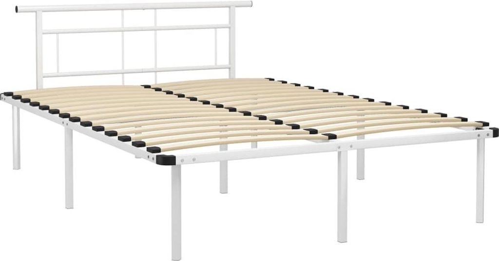 A white metal bed frame with wooden slats, shown from a diagonal angle against a white background.
