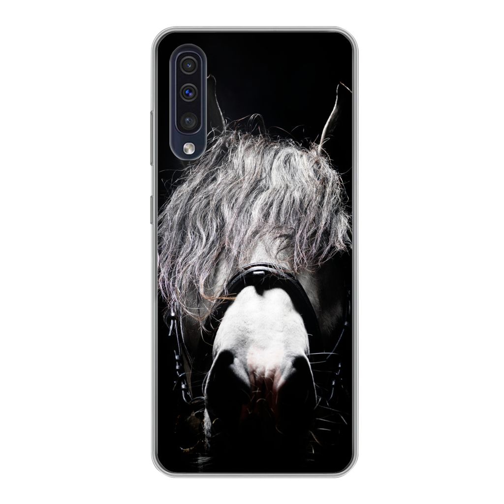 MuchoWow Handyhülle Schutzhülle Hülle für Samsung Galaxy A30s Pferd - Porträt - Schwarz - Weiß Silikon Softcase Handy Hülle - Karteninhaber