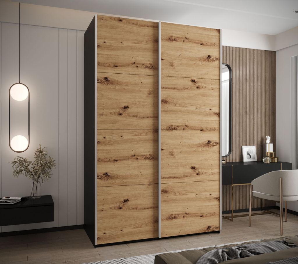 Zweitüriger Kleiderschrank SAMARA 1 - 150 cm, schwarz / Eiche handwerklich / silber