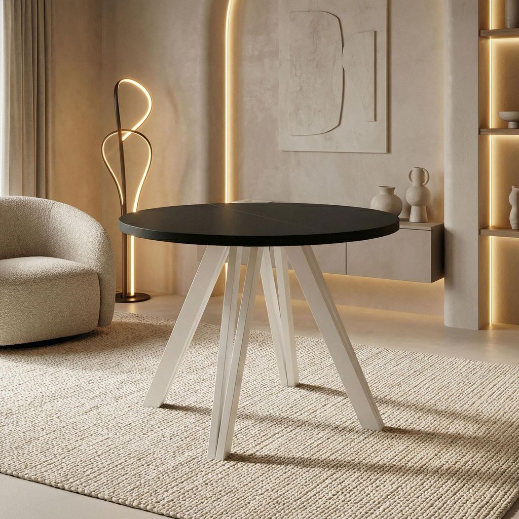 Runder Esstisch Ausziehbar 100–180 cm mit Weißen Holzbeinen aus Buchenholz – Moderner Ausziehtisch für Esszimmer, Küche und Wohnzimmer – T...