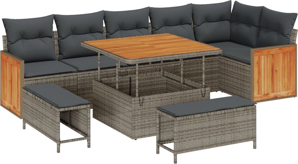 Möbel 9-teiliges Garten Sofaset mit Kissen Grau Poly Rattan Akazie, 2-Sitzer Garten Sofa mit Kissen Grau Poly Rattan, 3-teiliges Garten Essenset m...