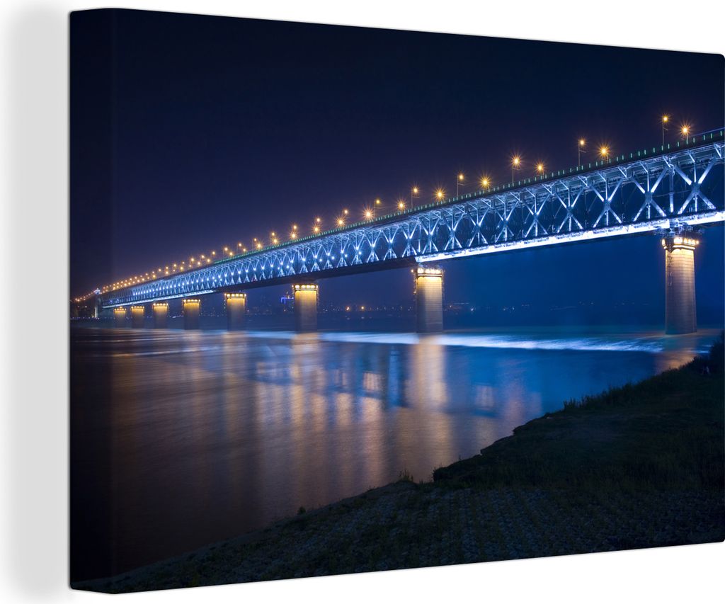 OneMillionCanvasses - Leinwandbilder - 140x90 cm, Blau gefärbte Wuhan-Yangtze-Brücke bei Nacht in Wuhan, Wandbilder Kunstdruck Wanddekoration -...