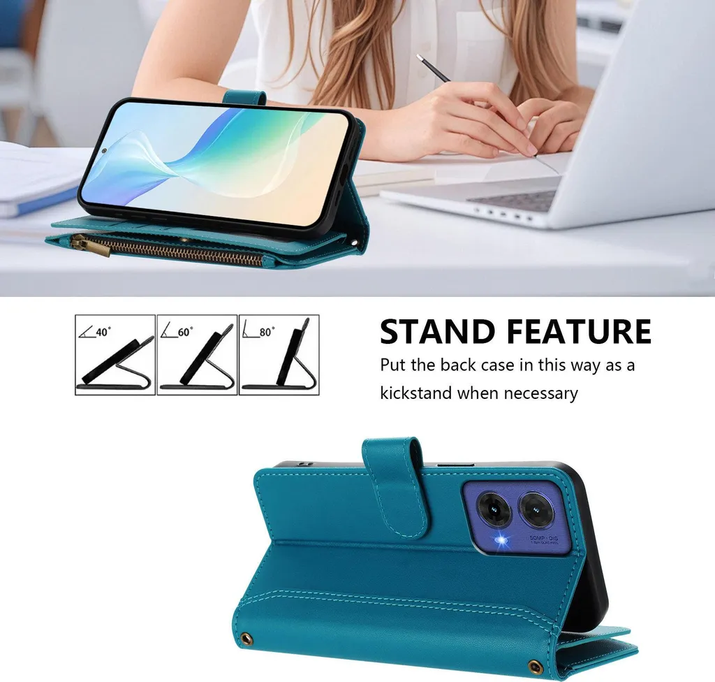 Custodia Motorola Moto G85 in Pelle Sintetica Blu con Tasche e Zip - 2