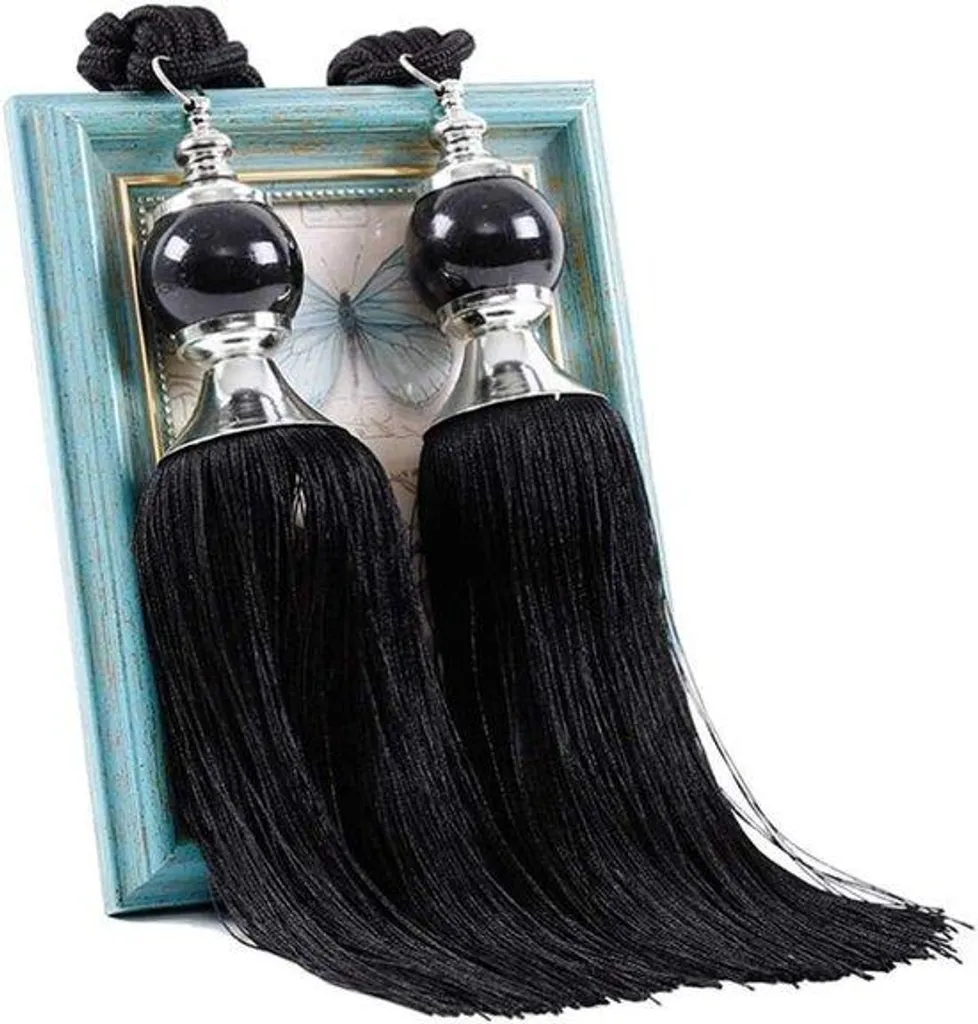 Lot de 2 embrasses de rideaux noires avec pompons en cristal élégants