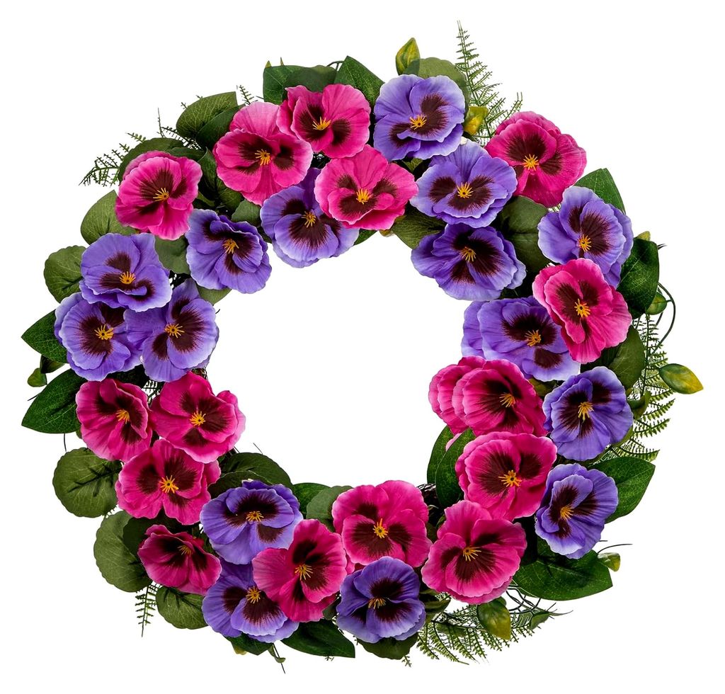Künstlicher Türkranz mit Stiefmütterchen aus Kunstblumen in Violett für Wand, Tür, Fenster und Tischdekoration im Haus oder Hotel