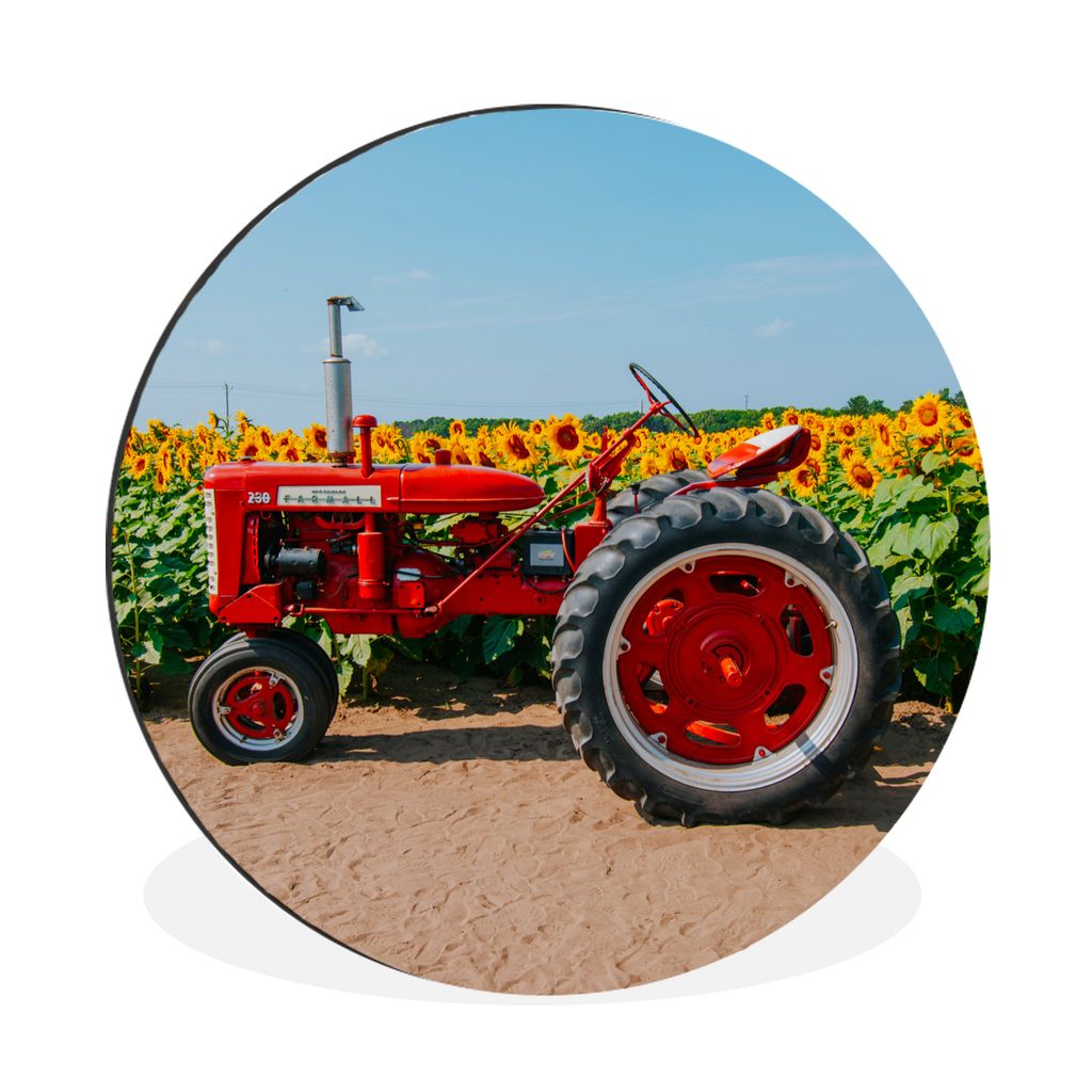 MuchoWow Aluminium Wandkreis Traktor - Rot - Sonnenblume - Bauernhof - Blumen Ø 60 cm Wanddeko Modern Wohnzimmer - Wand Kreis - Wandbild - Schla...