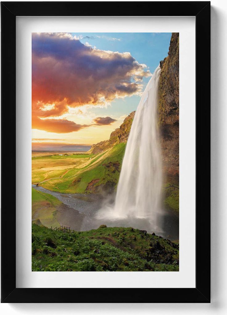 Wasserfall in Island– Wandbild mit Rahmen – Gerahmtes Bild – Wanddekoration – 20x30 cm – Schwarz