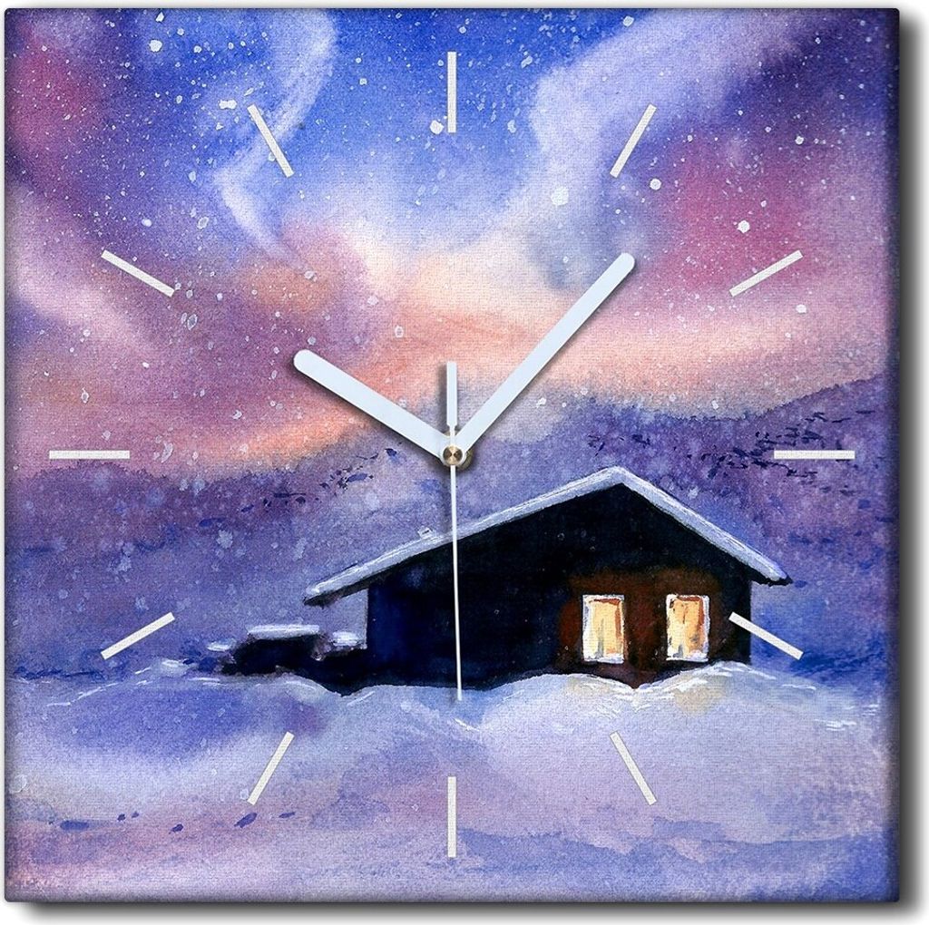 Coloray Uhr auf Leinwand 30x30 cm Wand Uhr Dekoration Wohnzimmer Segeltuch weiße Zeiger -Aquarelle Winter Weihnachten.