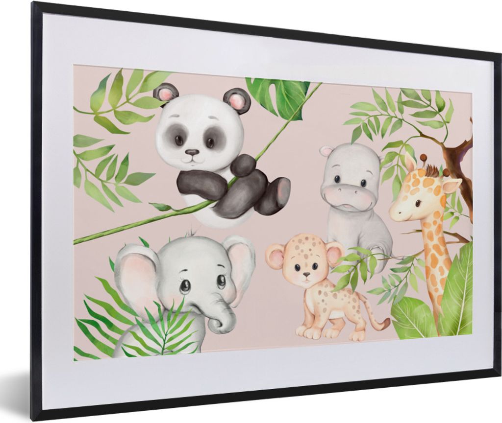 MuchoWow Gerahmtes Poster Dschungel - Tiere - Rosa 60x40 cm - Poster mit Schwarzem Bilderrahmen Wandposter Rahmen Foto Bilder - Schlafzimmer - Pl...