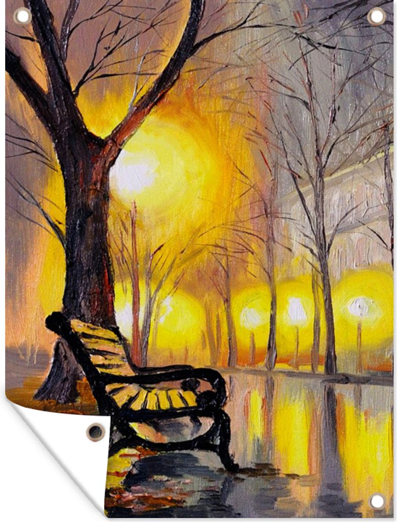 MuchoWow 30x40 cm Outdoor-Poster Gartendeko Sichtschutz Garten Poster für den Garten Malerei - Bank - Wasser - Licht - Öl