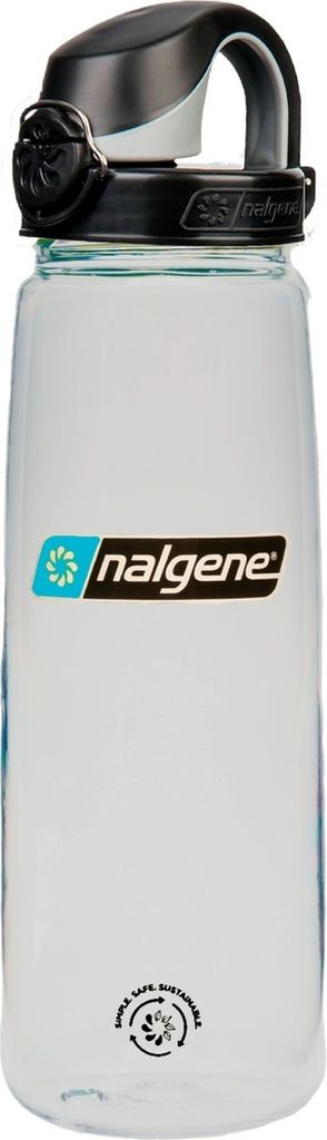A clear plastic Nalgene water bottle with a black lid and a blue and black logo.