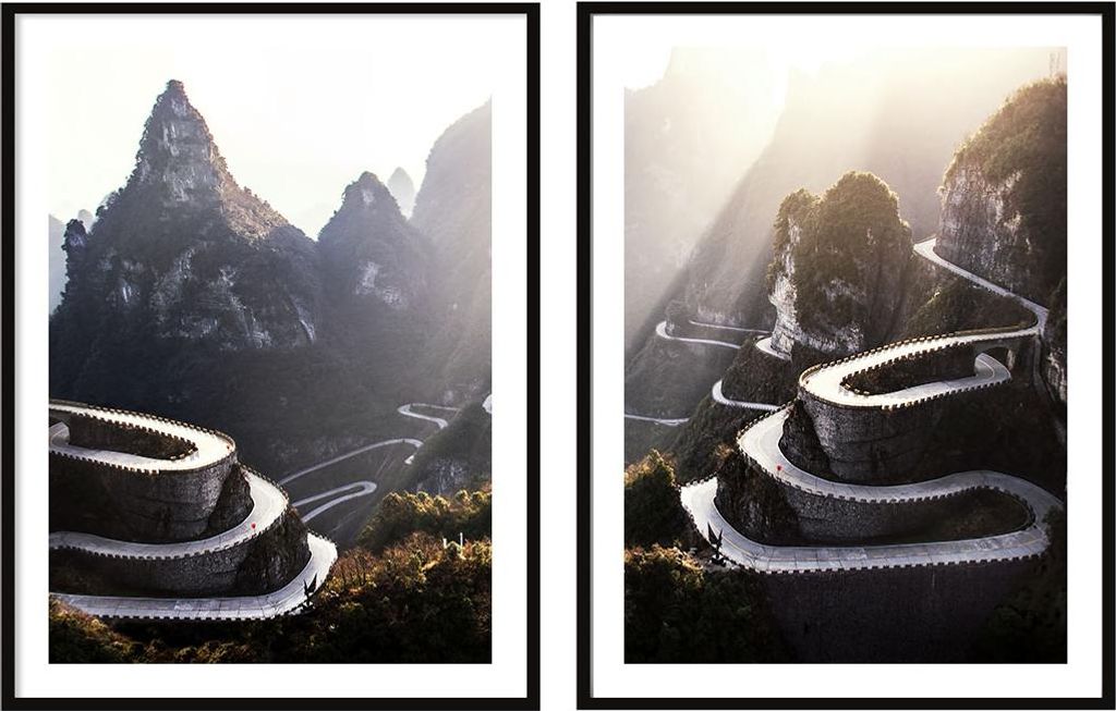 BILDPOSTER IM RAHMEN 53x73cm Diptychon Set mit 2 Gemälden Berge Straße P2092