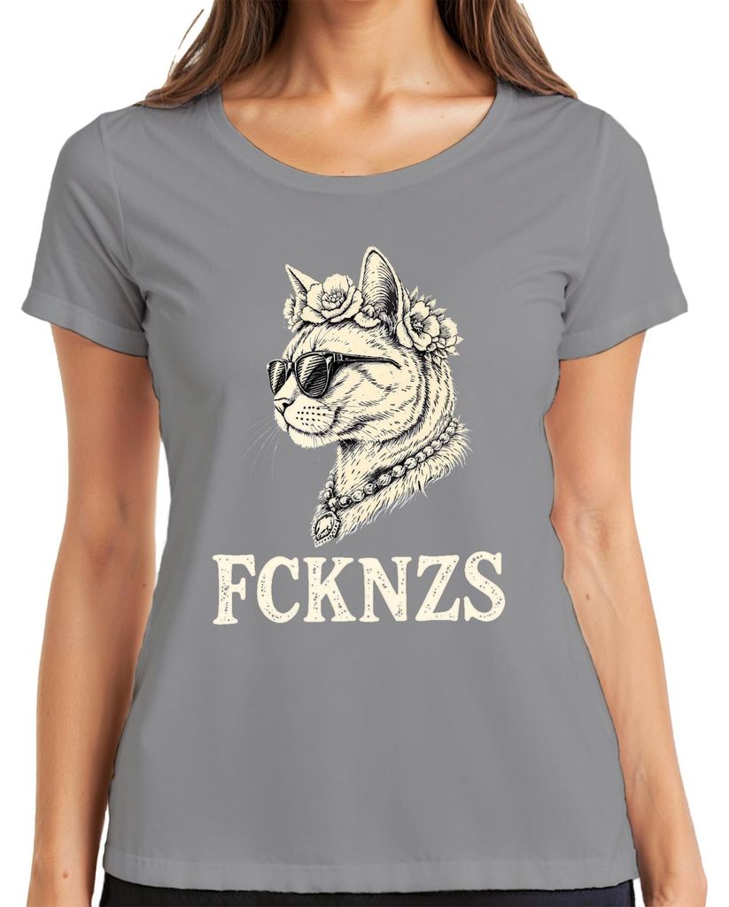 FCKNZS Katze Sonnenbrille Blumenkranz Retro Vintage Geschenk Damen T-Shirt, Grau, 3XL