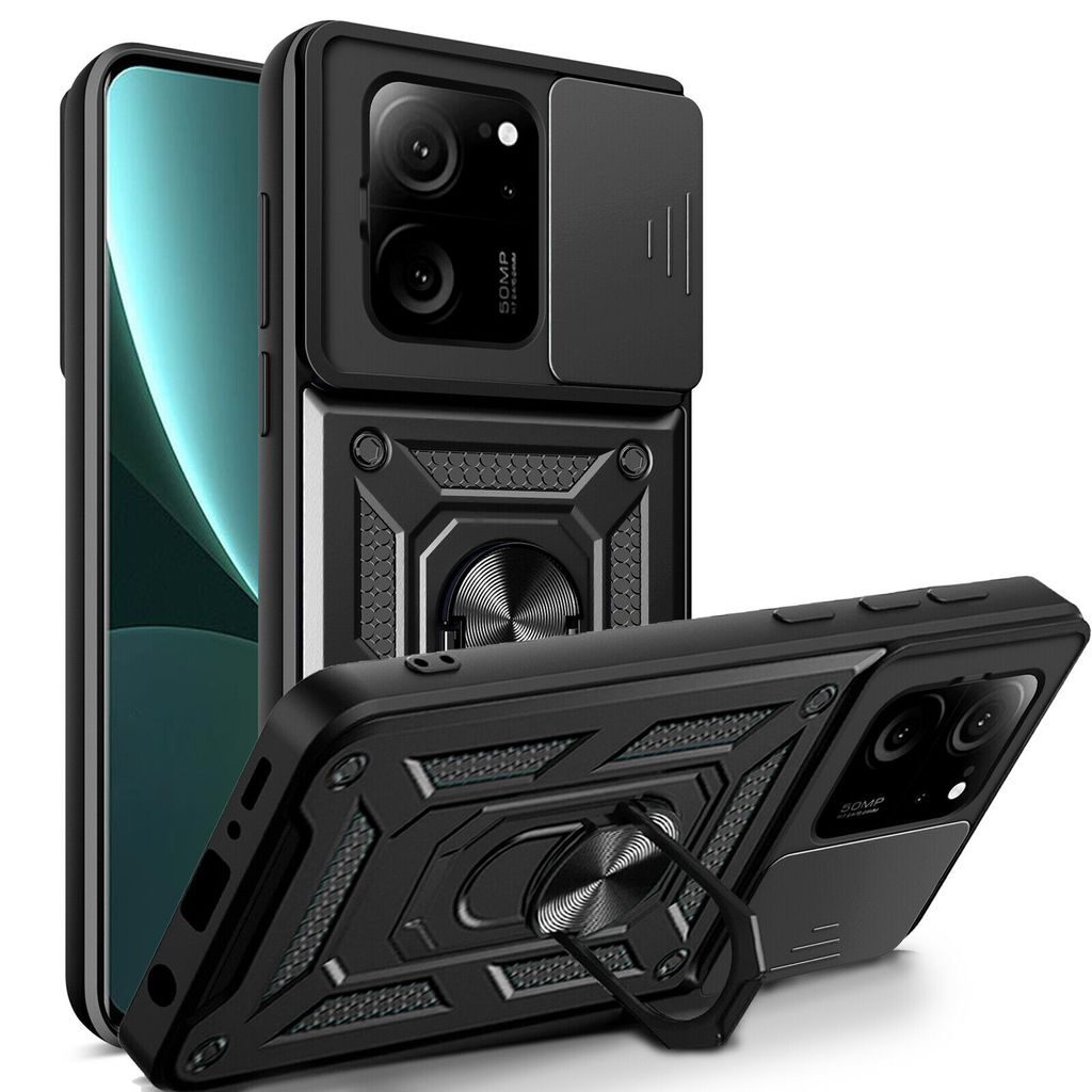 A black phone case with a camera cover and ring holder is displayed.