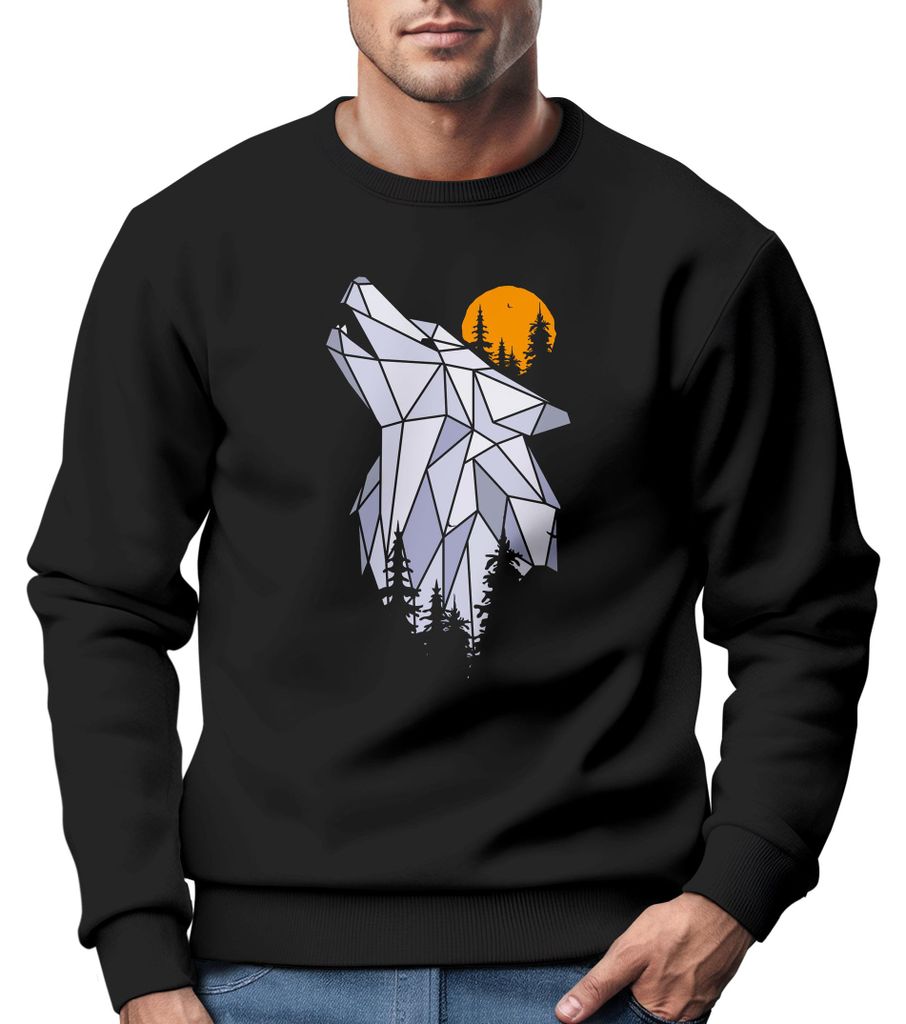 Sweatshirt Herren Polygon Print Wolf Wald Outdoor Adventure Natur TiermotivRundhals-Pullover Fashion Streetwear Neverless schwarz XS