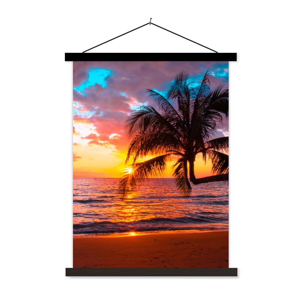MuchoWow Textilposter Palme - Sonnenuntergang - Strand - Meer - Horizont 120x160 cm mit schwarzem Rahmen - Magnetischer