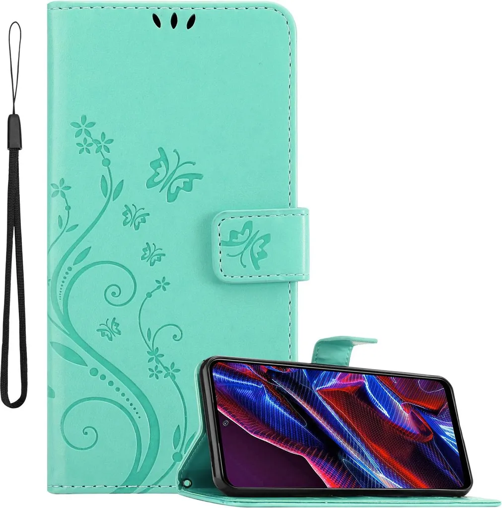 Cadorabo cover per Xiaomi Poco X5 cover in FLORAL TURQUOISE cover protettiva in design floreale con chiusura magnetica, funzione stand e slot per carte Book Case Cover