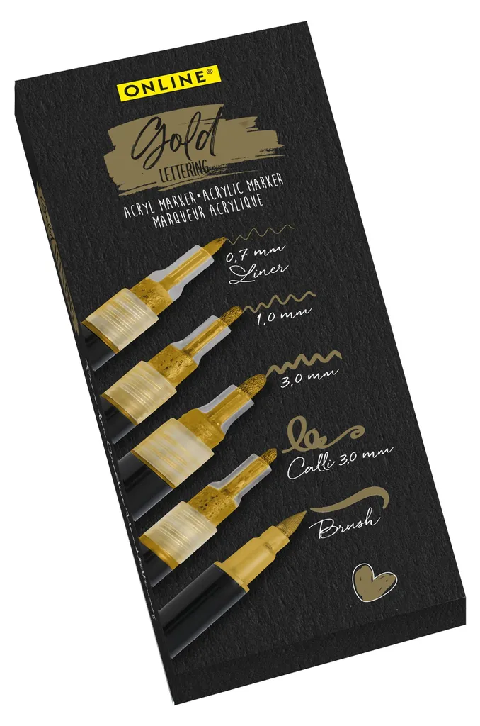 ONLINE® 18517 Set de 5 marqueurs peinture acrylique dorée calligraphie