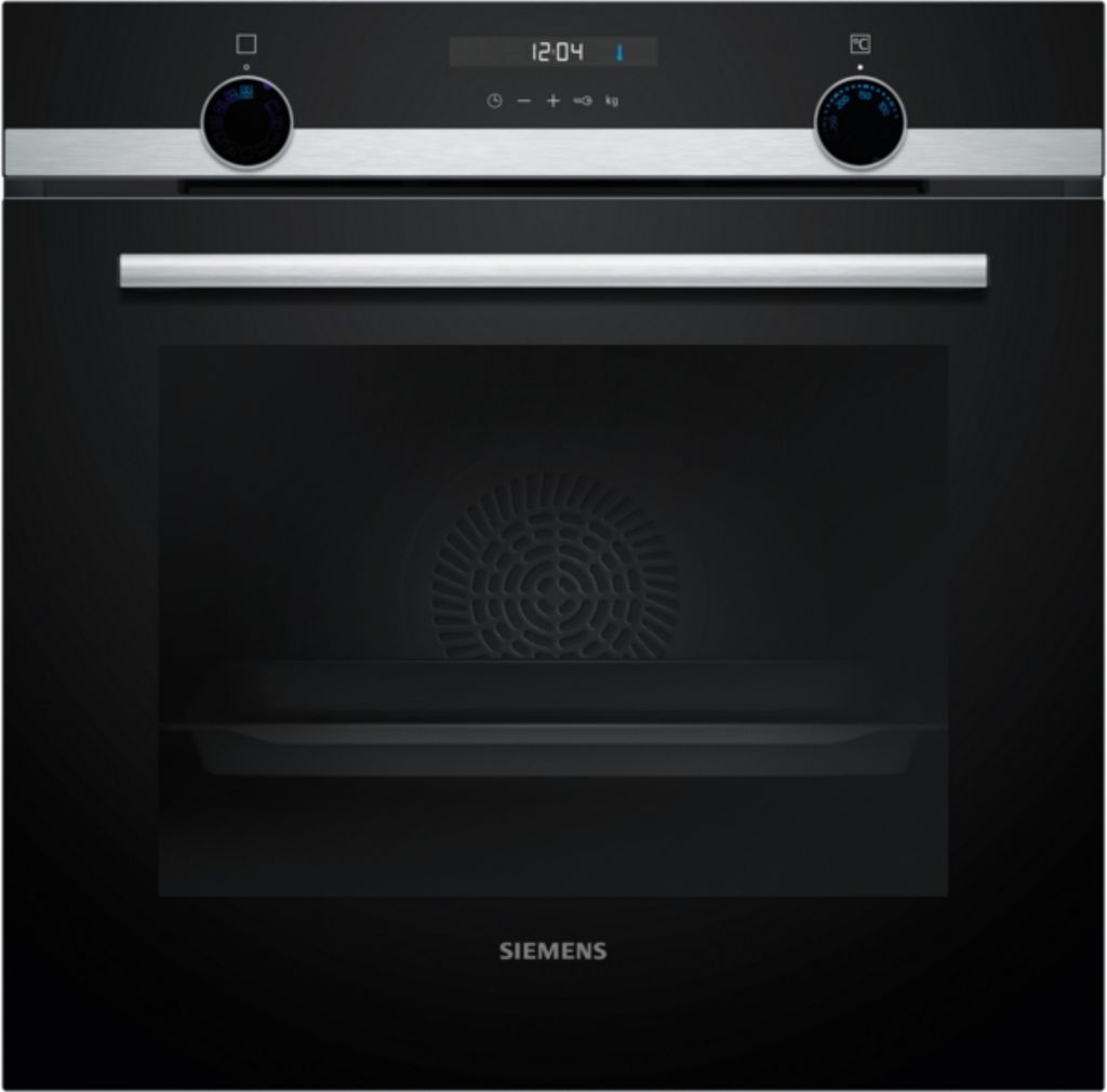 A front view of a black Siemens built-in oven.