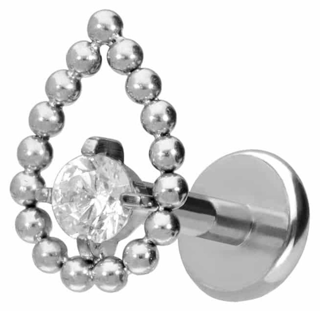 Ohrpiercing, Nasenpiercing Titan Labret mit Push Fit TROPFEN + KRISTALL Silber Stablänge: 8mm | Stabstärke: 1mm