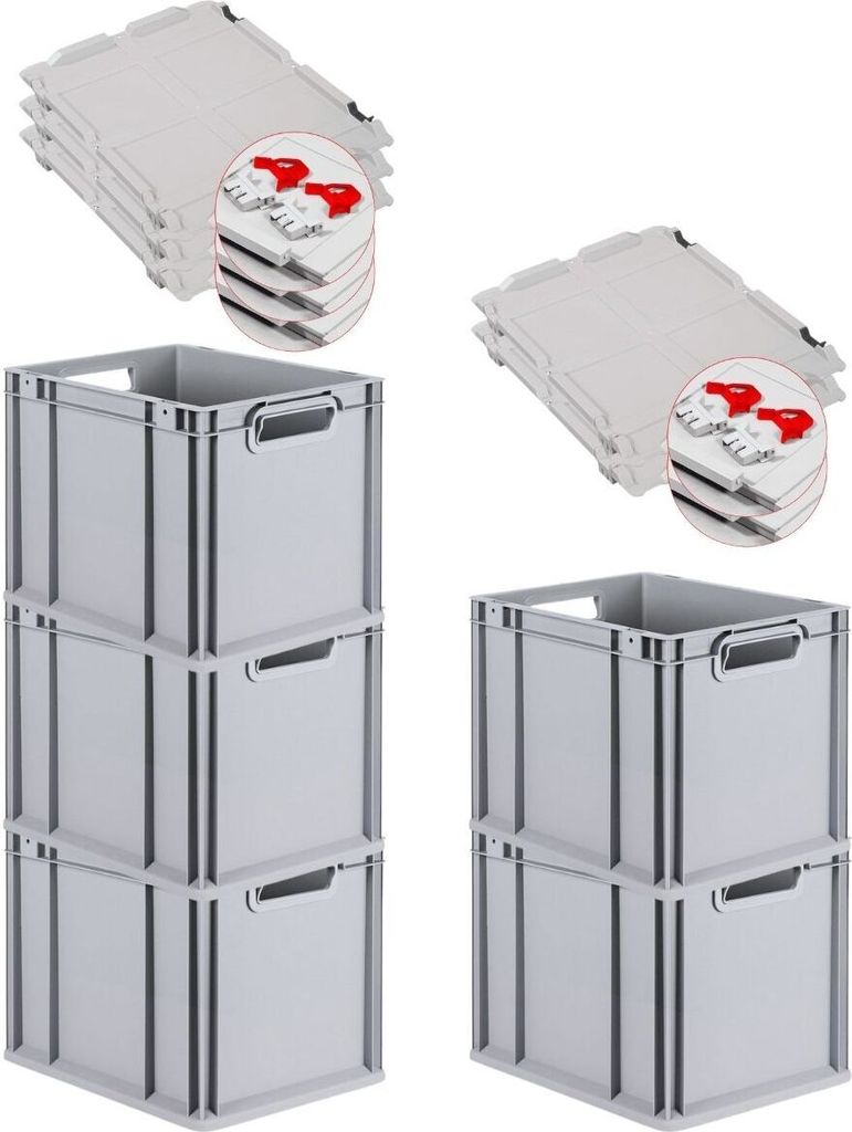 SuperSparSet 5x Eurobox NextGen Grip mit Scharnierdeckel und roten Schiebeschnappverschlüssen | HxBxT 32x30x40cm | 30 Liter | Griffe offen | Glatt...