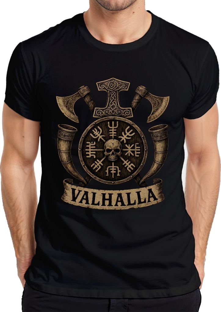 Wikinger Valhalla Runen Vegvisir Schild Schädel Äxte Hörner Retro Herren T-Shirt, Schwarz, L