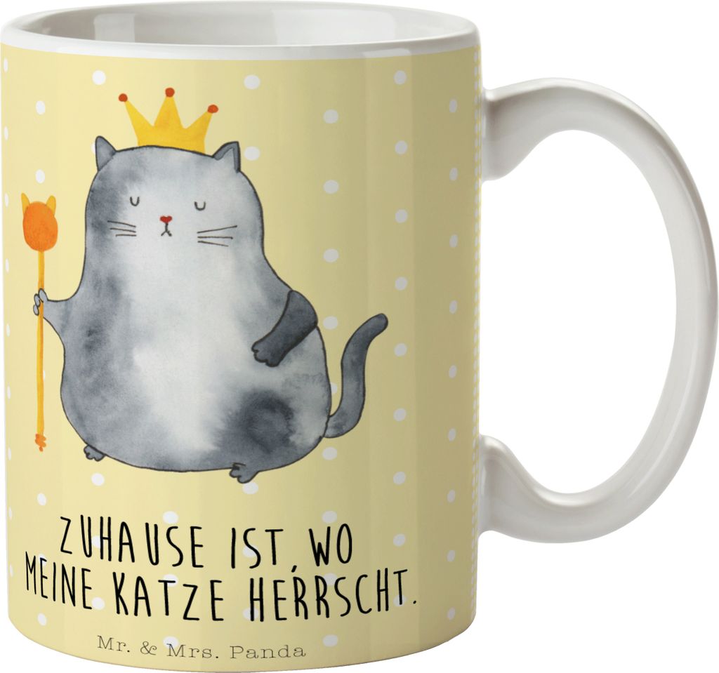 Mr. & Mrs. Panda Becher Katze König - Gelb Pastell - Geschenk, Krone, Haha, Katzen, haferl, cappuccinotasse, Teetasse, Tasse mit Spruch, Kaffeetas...