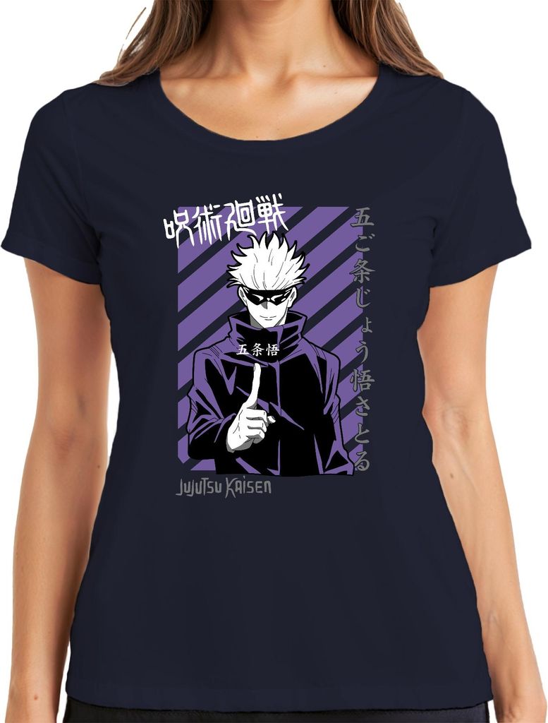 Jujutsu Kaisen Gojo Satoru Anime Manga lila Streifen Fan Vintage Damen T-Shirt, Navy, 3XL