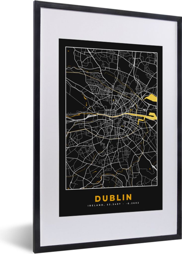 MuchoWow Gerahmtes Poster Dublin - Gold - Karte - Stadtplan 40x60 cm - Poster mit Schwarzem Bilderrahmen Wandposter Rahmen Foto Bilder - Poster i...