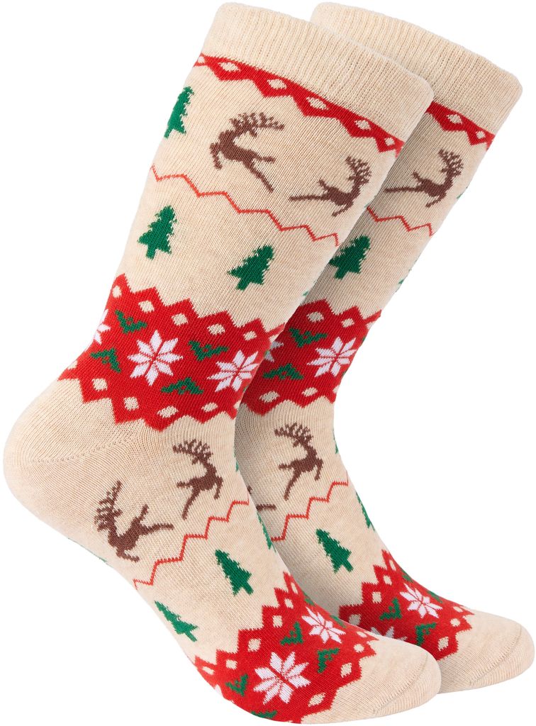 BRUBAKER Weihnachtssocken für Damen und Herren - Baumwollsocken mit Weihnachtsmuster Beige - Baumwolle Socken Weihnachten - Größe 41-45, 3 Paar