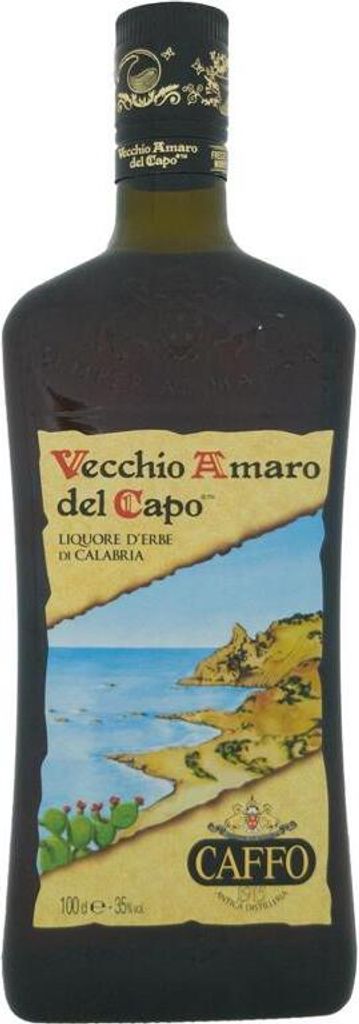 A bottle of Vecchio Amaro del Capo liqueur with a label depicting a coastal landscape.