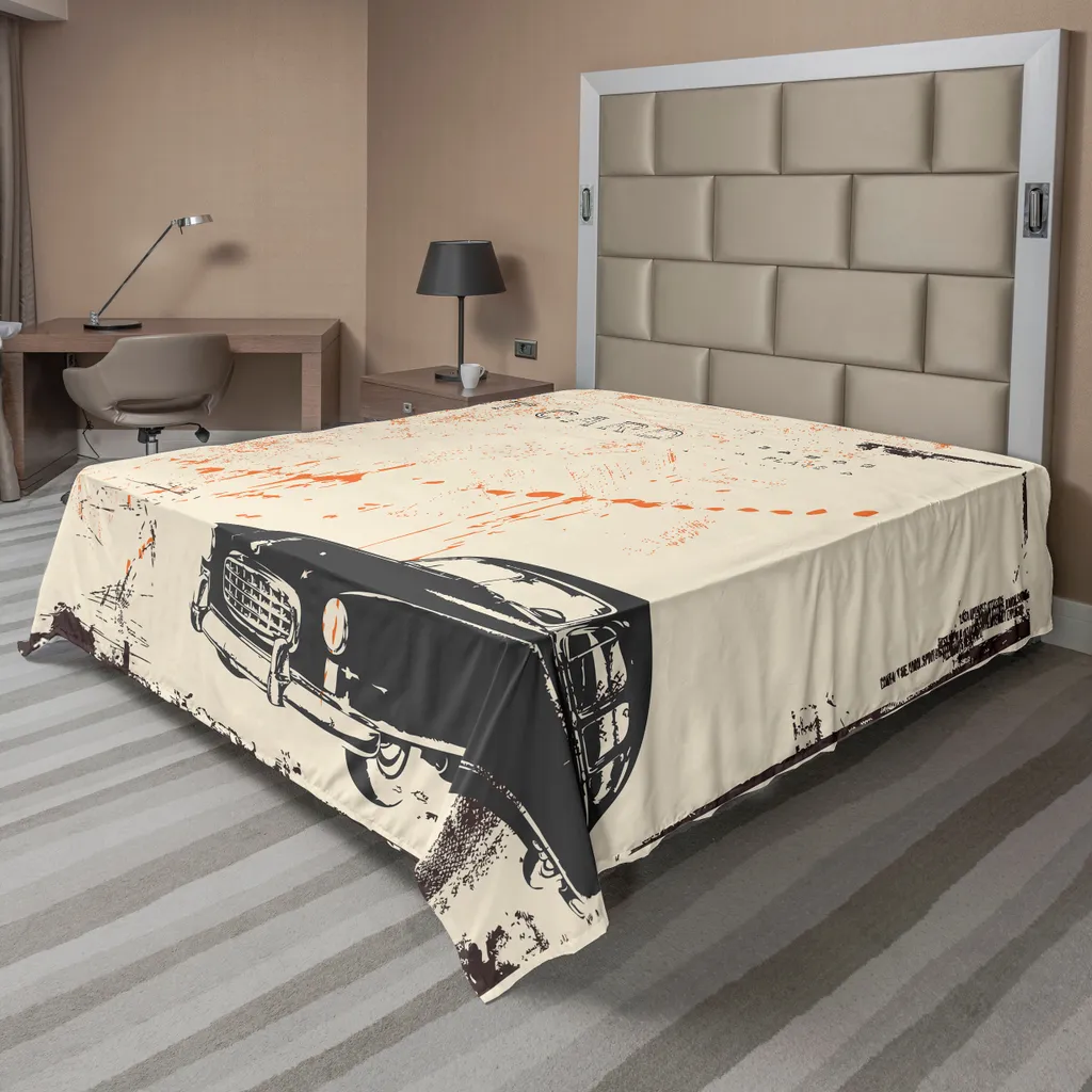 ABAKUHAUS Lenzuolo vintage, arte con auto classica d'epoca sulla strada, stile cartolina vintage, lenzuolo morbido e confortevole per un letto decorativo, 1 pezzo, 275 cm x 260 cm, nero e beige
