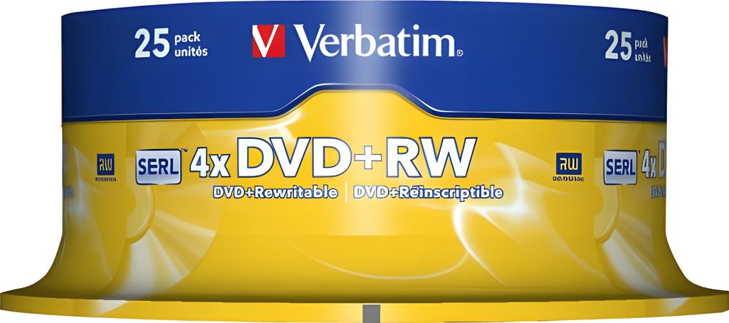 A product packaging image of a spindle of Verbatim DVD+RW discs.