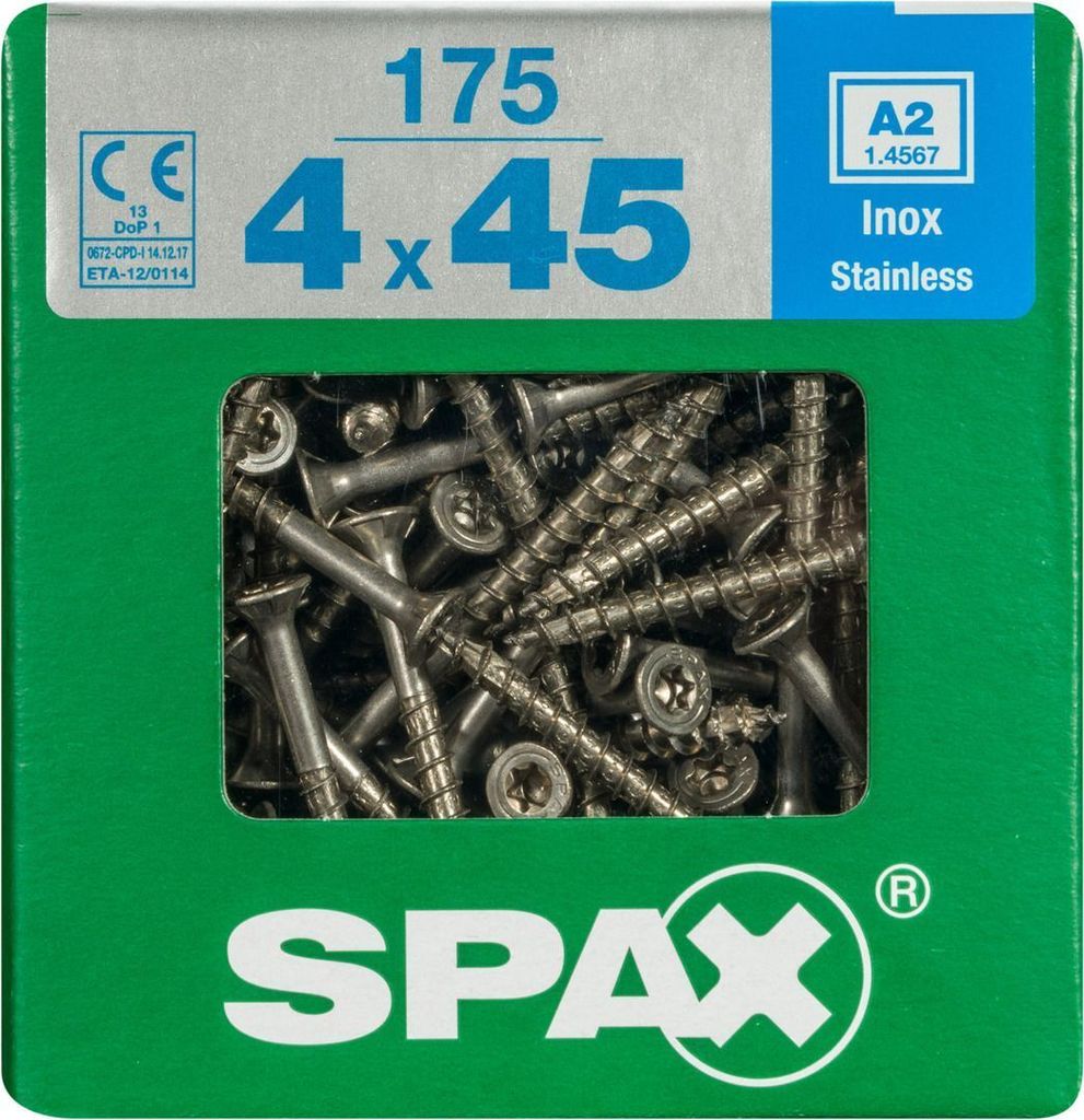 SPAX Edelstahlschraube, 4 x 45 mm, 175 Stück, Teilgewinde, Senkkopf, T-STAR plus T20, 4CUT, Edelstahl rostfrei A2, 4197000400456