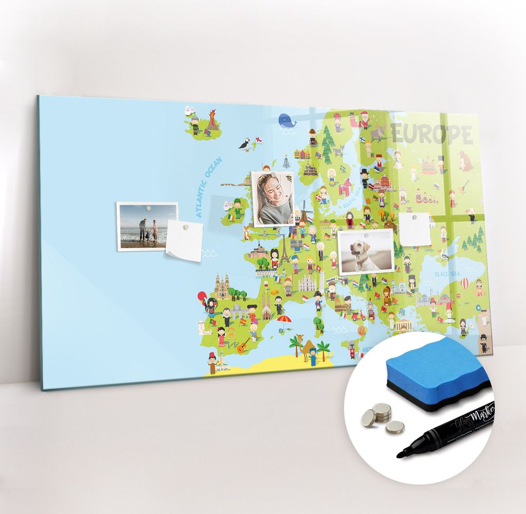 Magnetpinnwand Memoboard - Zubehörsatz - Schwarzer Marker + Schwamm + Magnete - 120 x 60 cm - Weltkarte mit Flaggen