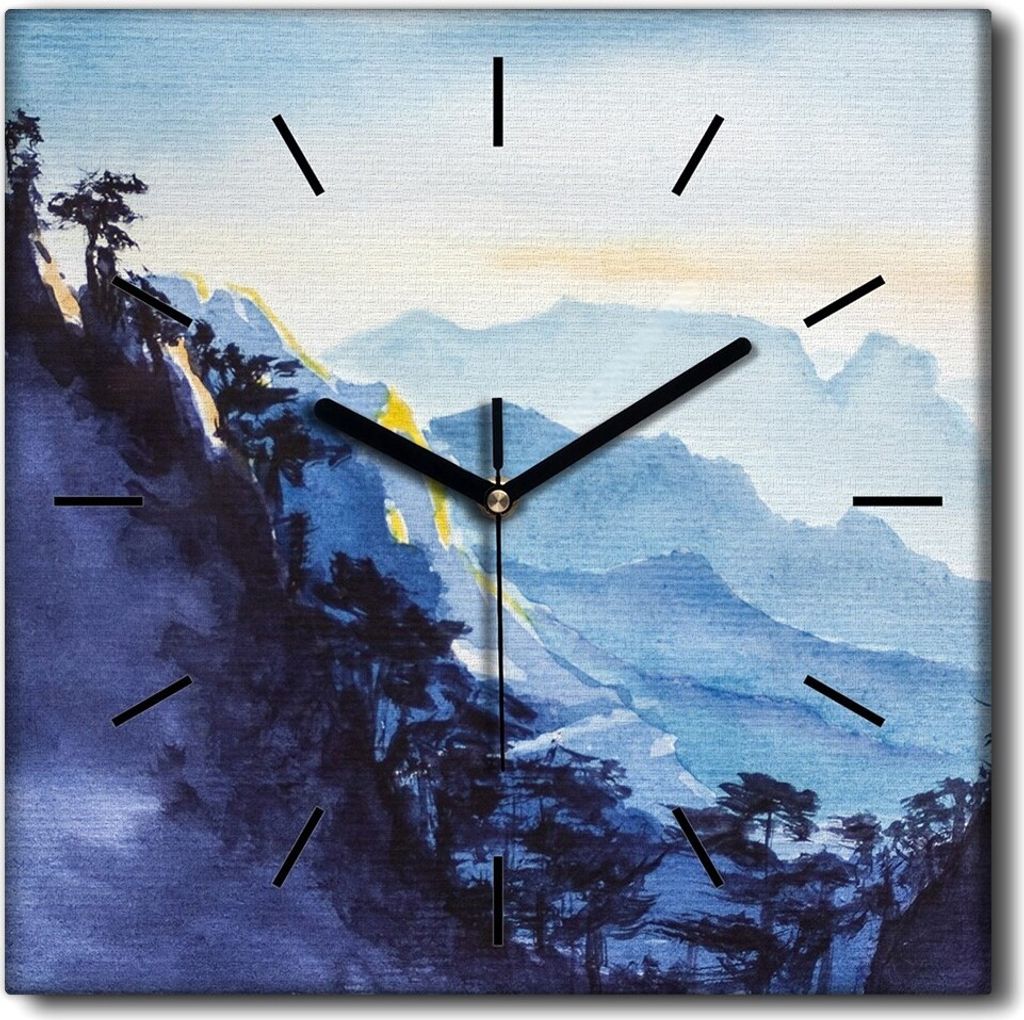 Coloray Uhr auf Leinwand 30x30 cm Wand Uhr Dekoration Wohnzimmer Segeltuch schwarze Hände -Berge Bäume Landschaft.