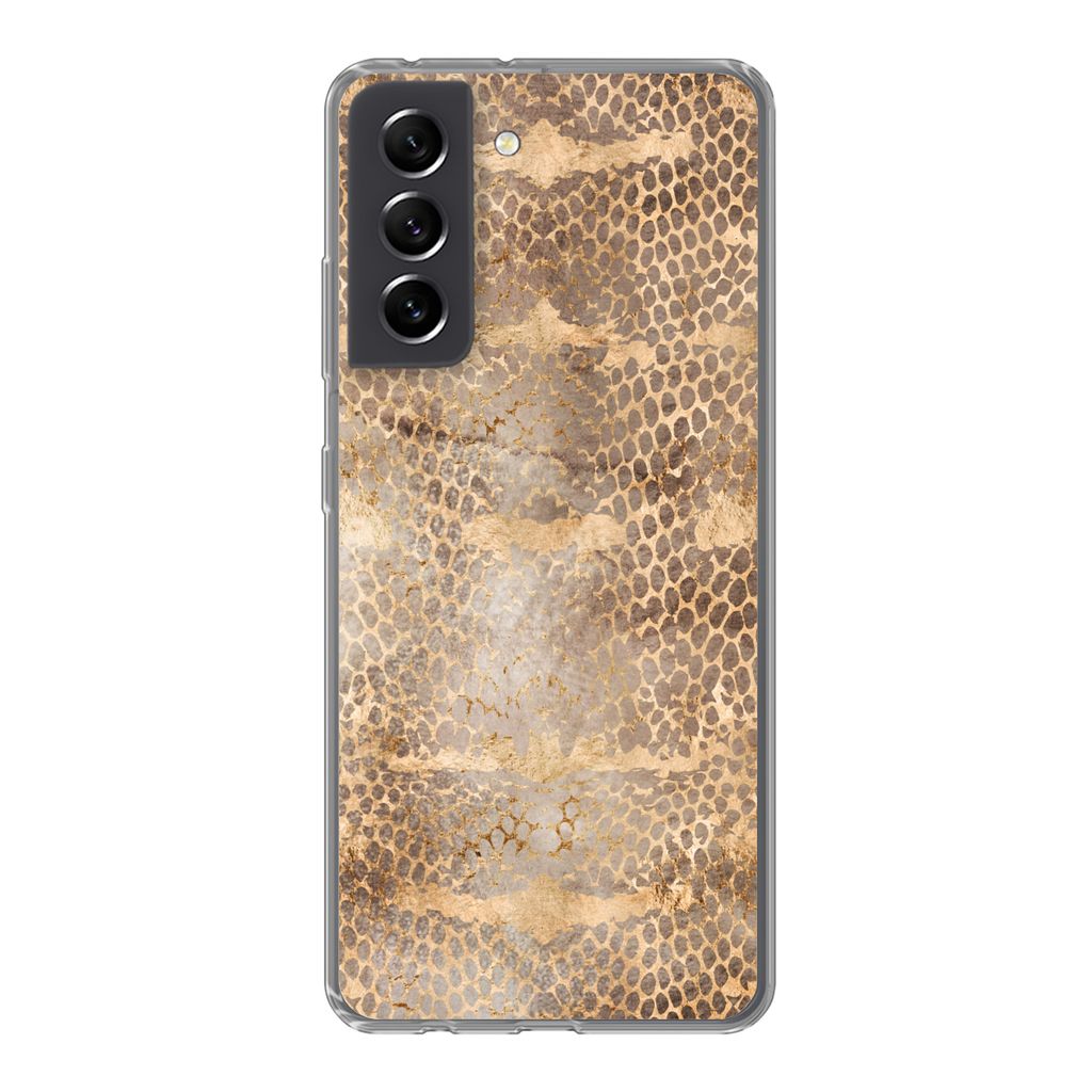 MuchoWow Handyhülle Schutzhülle Hülle für Samsung Galaxy S21 FE Schlangendruck - Gold - Braun Silikon Softcase Handy Hülle - Mobiltelefonhülle
