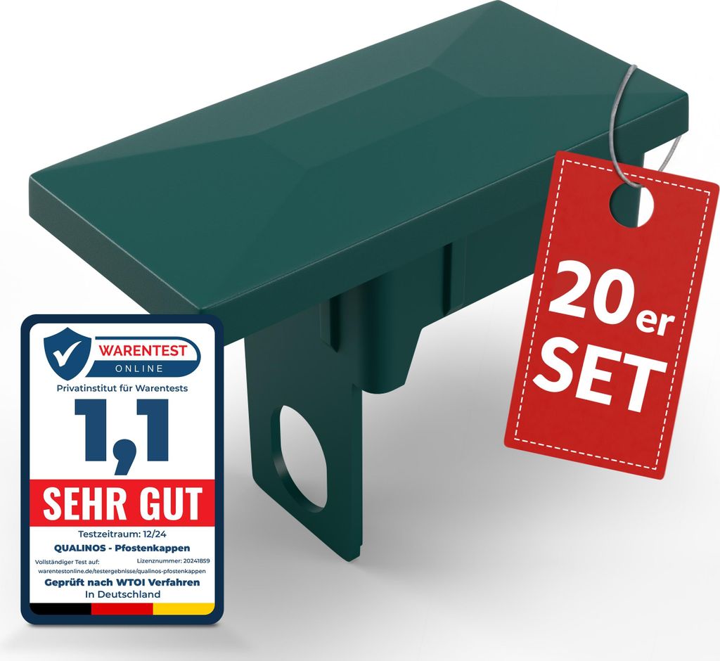 Qualinos Pfostenkappen 60x40 mm mit Sicherungssteg Grün 6005 (20 Stück) – für Doppelstabmattenzaun